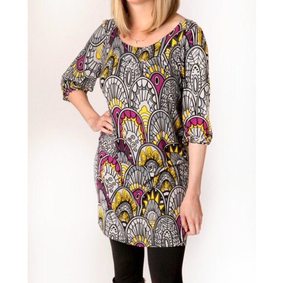 NEW BCBGMAXAZRIA Drop Waist Dress Mustard Orange Printed Swirl 60s 70s Mod Retro - Picture 3 of 9